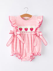 Strawberry Embroidery Pink Stripe Girl Smocked Romper