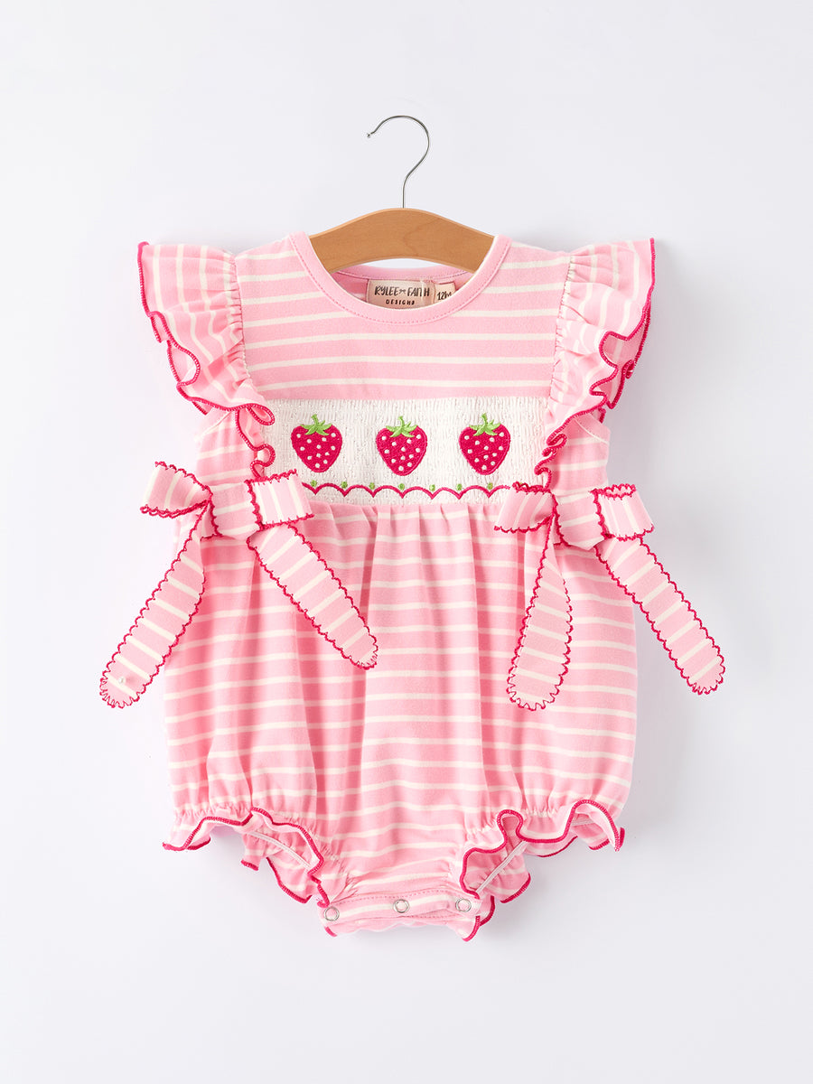 Strawberry Embroidery Pink Stripe Girl Smocked Romper