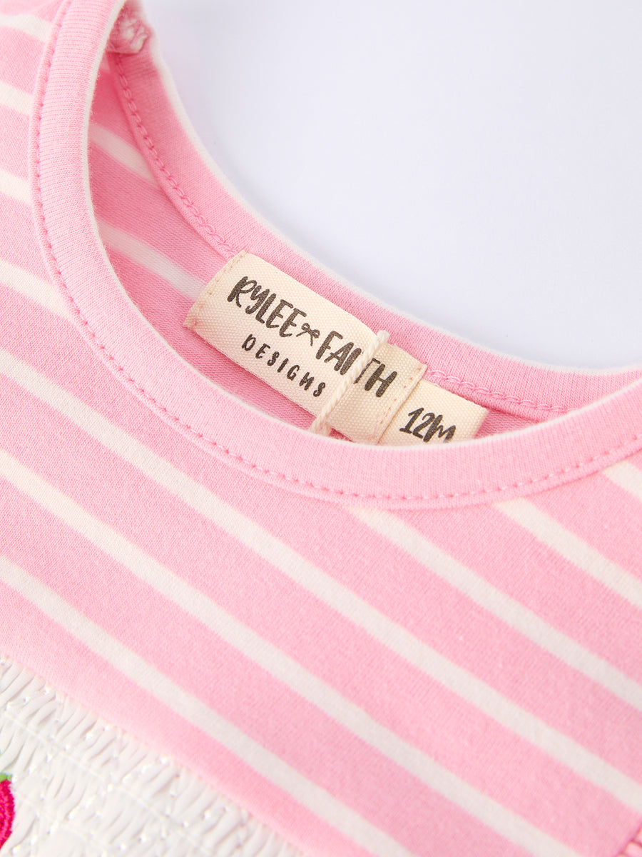 Strawberry Embroidery Pink Stripe Girl Smocked Romper