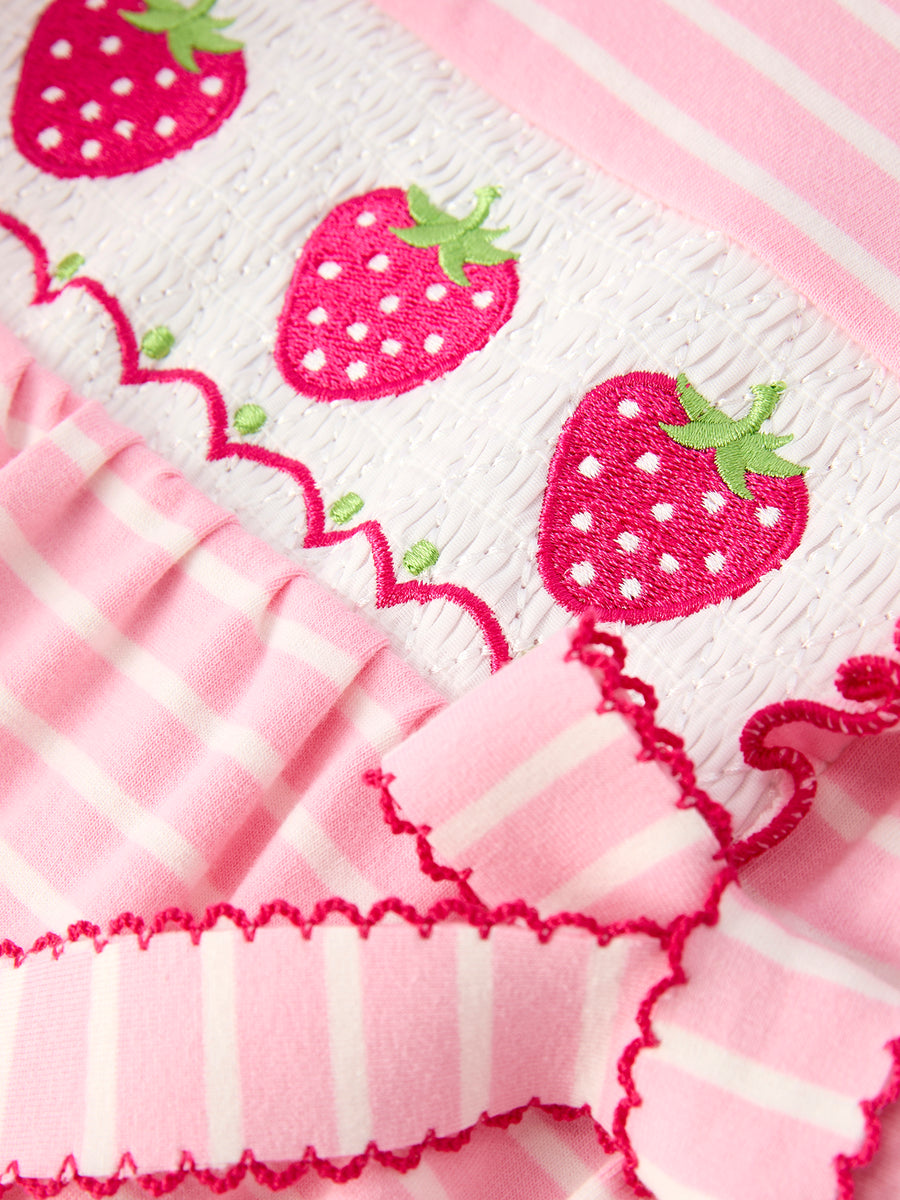 Strawberry Embroidery Pink Stripe Girl Smocked Romper