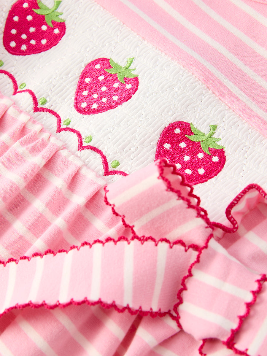 Strawberry Embroidery Pink Stripe Girl Smocked Dress