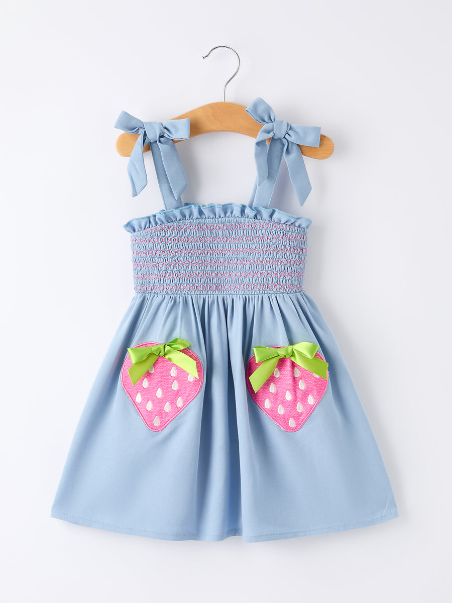 Summer Strawberry Smocked Applique Girl Dress