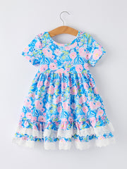 Spring Floral Girls Blue Dress Ruffle Hem