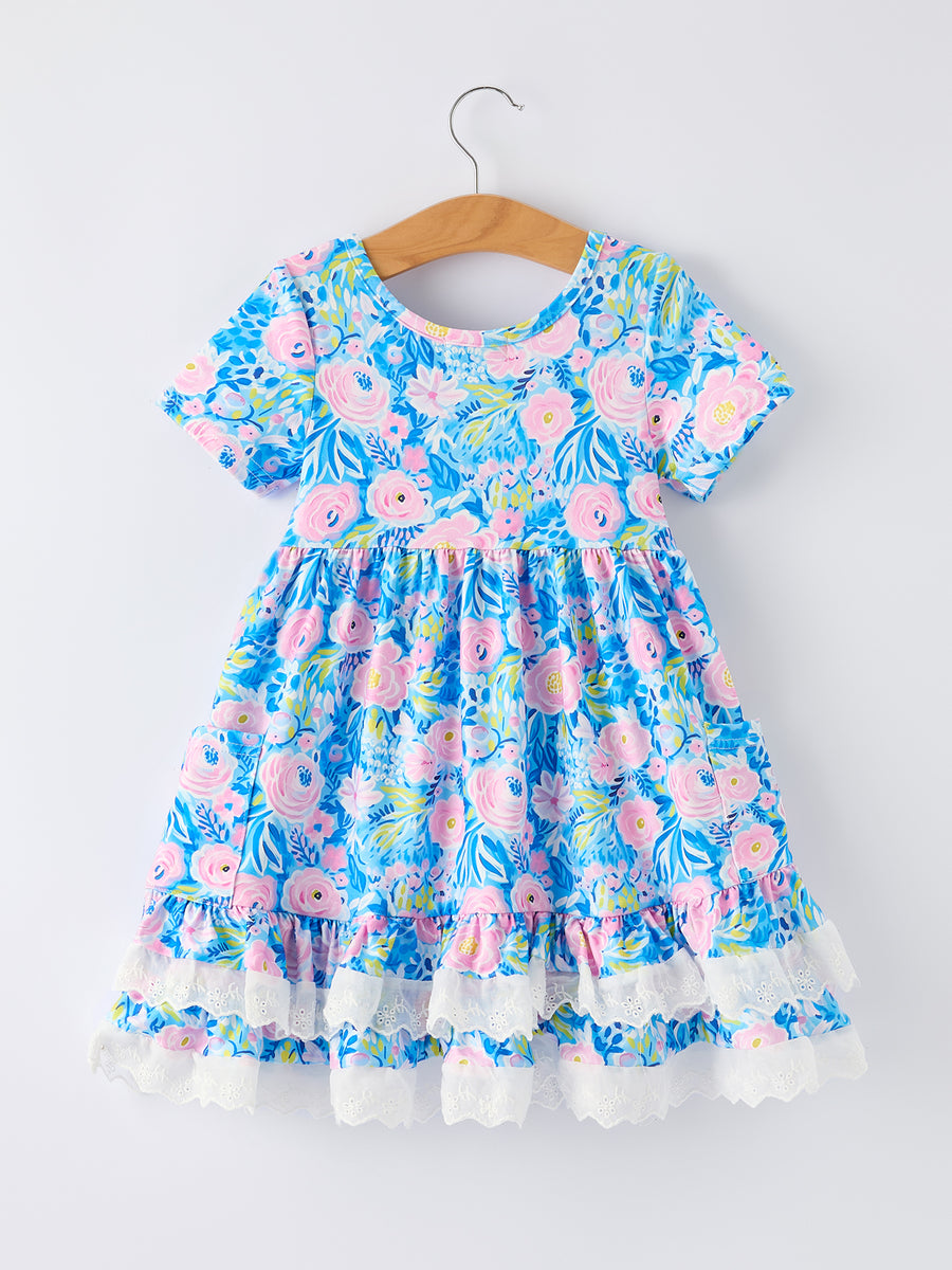 Spring Floral Girls Blue Dress Ruffle Hem