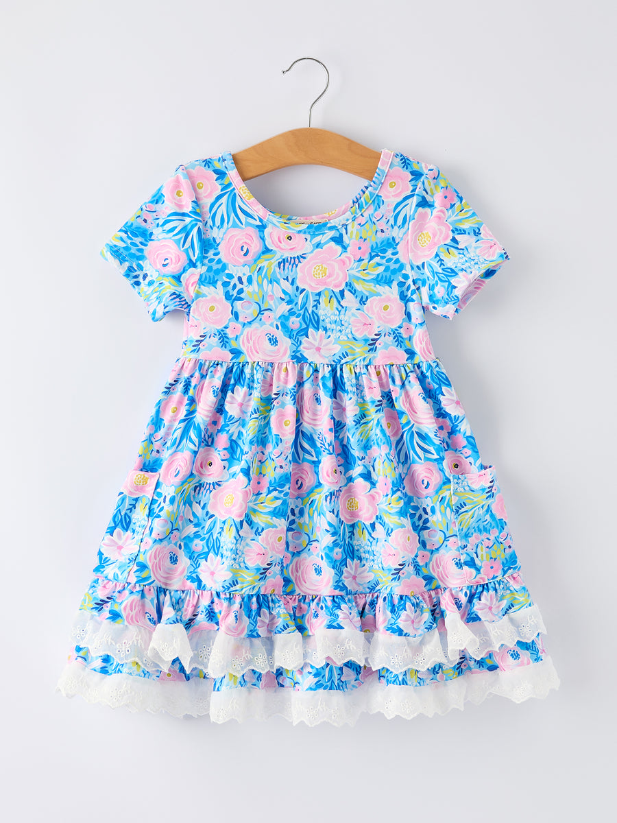 Spring Floral Girls Blue Dress Ruffle Hem