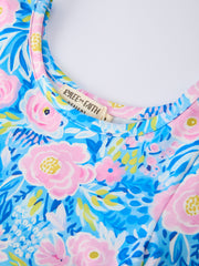 Spring Floral Girls Blue Dress Ruffle Hem