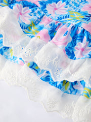 Spring Floral Girls Blue Dress Ruffle Hem