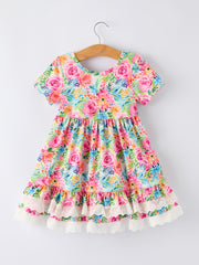 Spring Floral Girls Dress Ruffle Hem