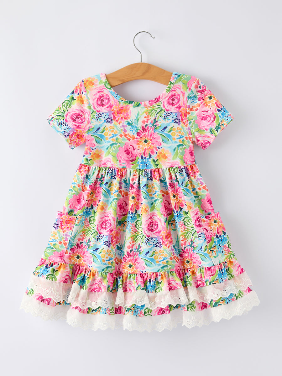 Spring Floral Girls Dress Ruffle Hem