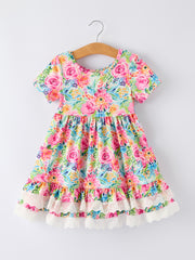 Spring Floral Girls Dress Ruffle Hem