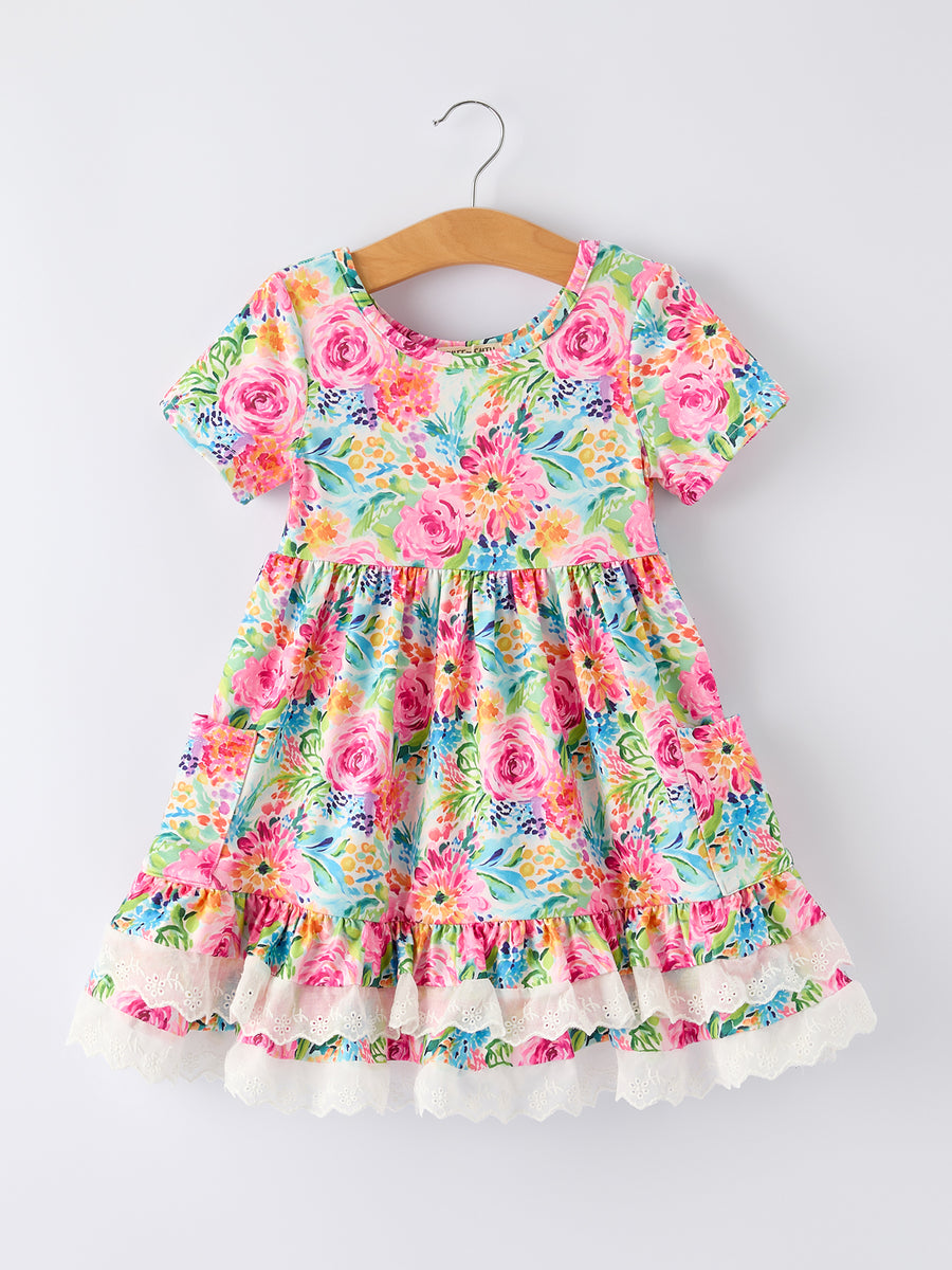 Spring Floral Girls Dress Ruffle Hem