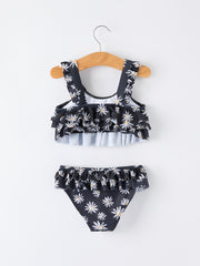 Summer Black Floral Girl Two Piece Swimsuit and Cover-up Set