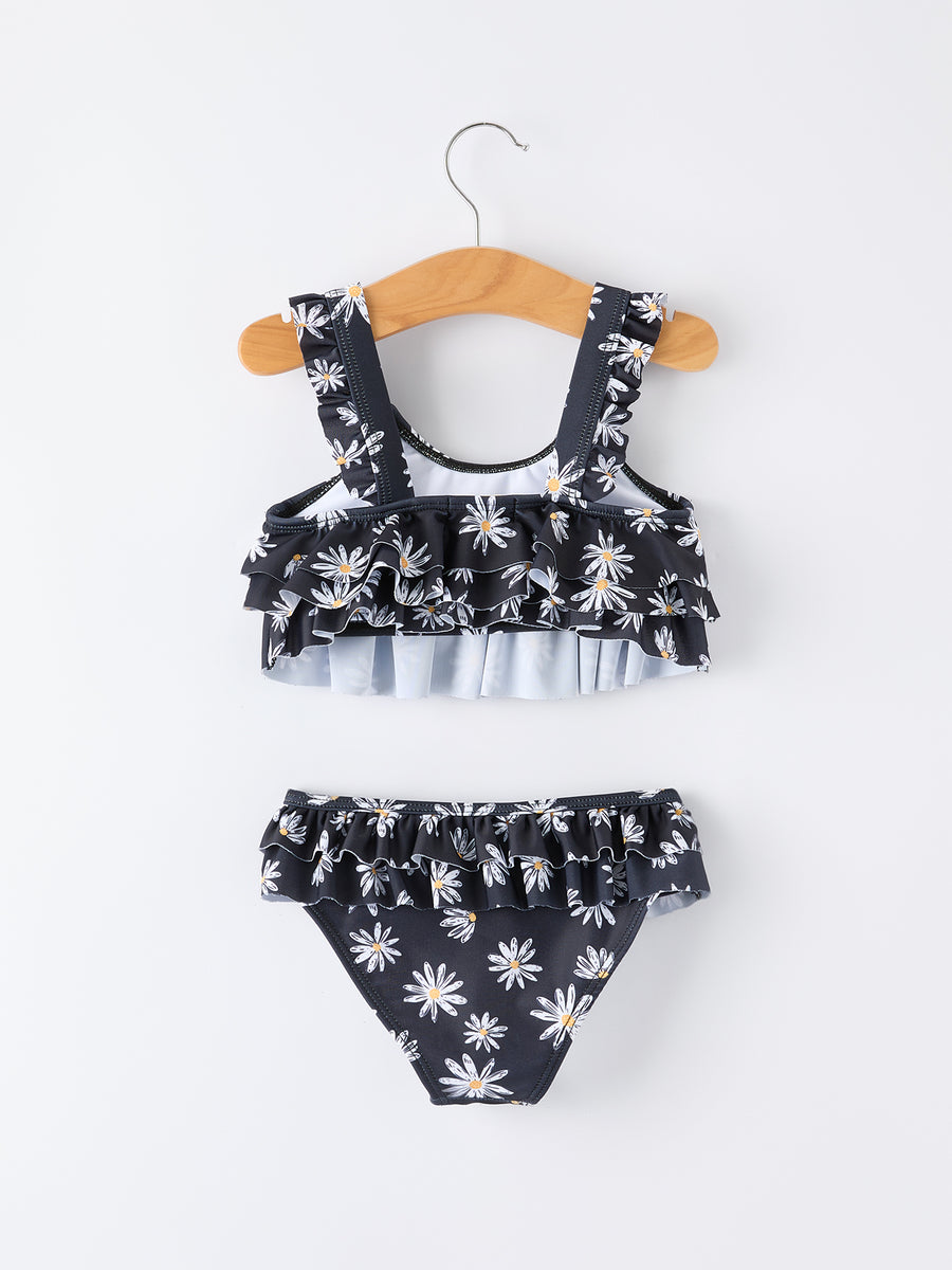 Summer Black Floral Girl Two Piece Swimsuit and Cover-up Set
