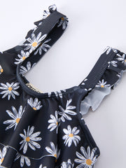 Summer Black Floral Girl Two Piece Swimsuit and Cover-up Set