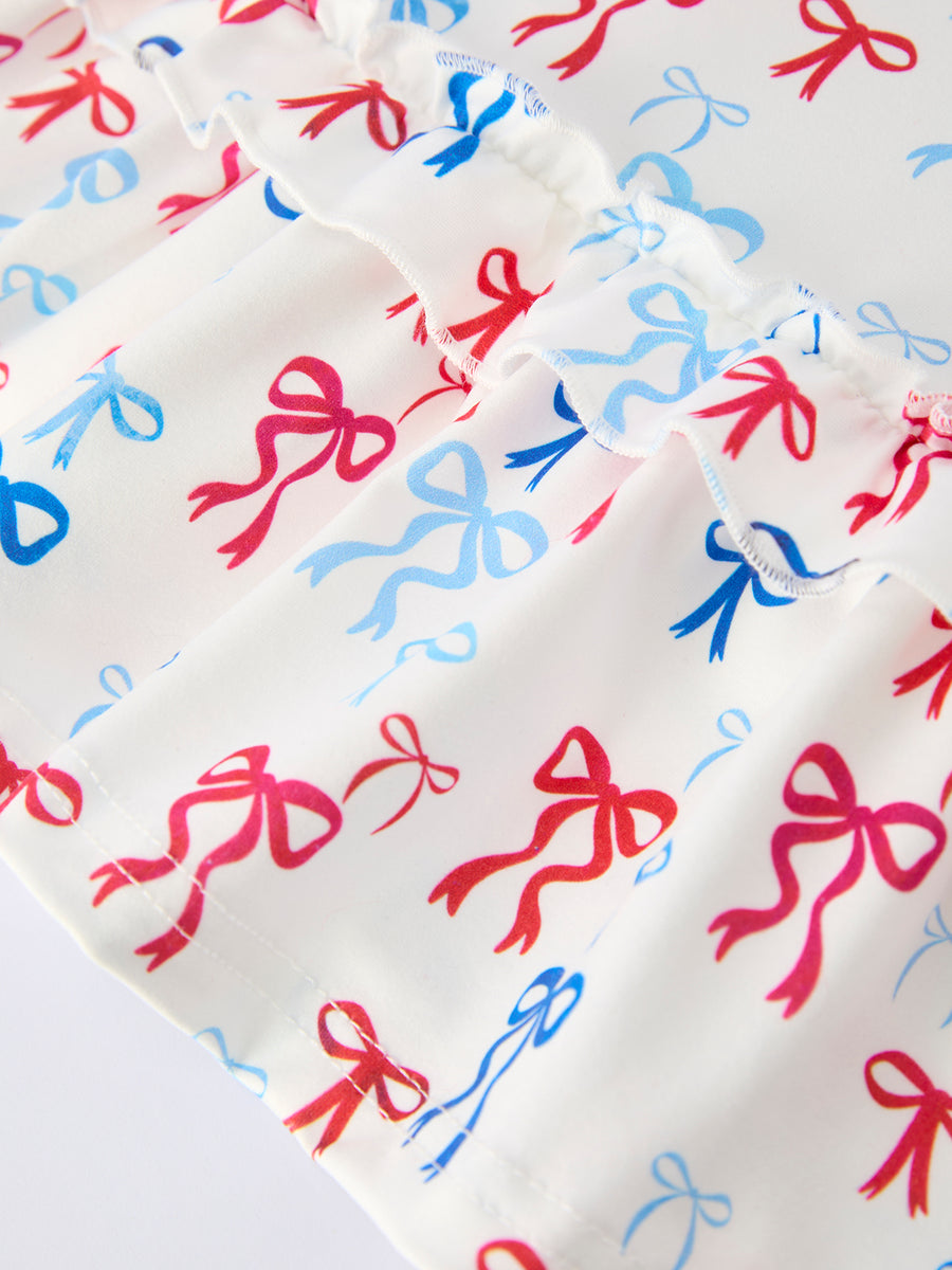 4th of july Bow Print Girls Dress One Shoulder Ruffle