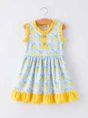 Summer Lemon Floral Print Girl Sleeveless Ruffle Dress