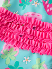 Summer Strawberry Print Girl Long Sleeve Ruffle One Piece Swimsuit