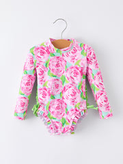 Summer Rose Floral Print Girl Long Sleeve Ruffle One Piece Swimsuit