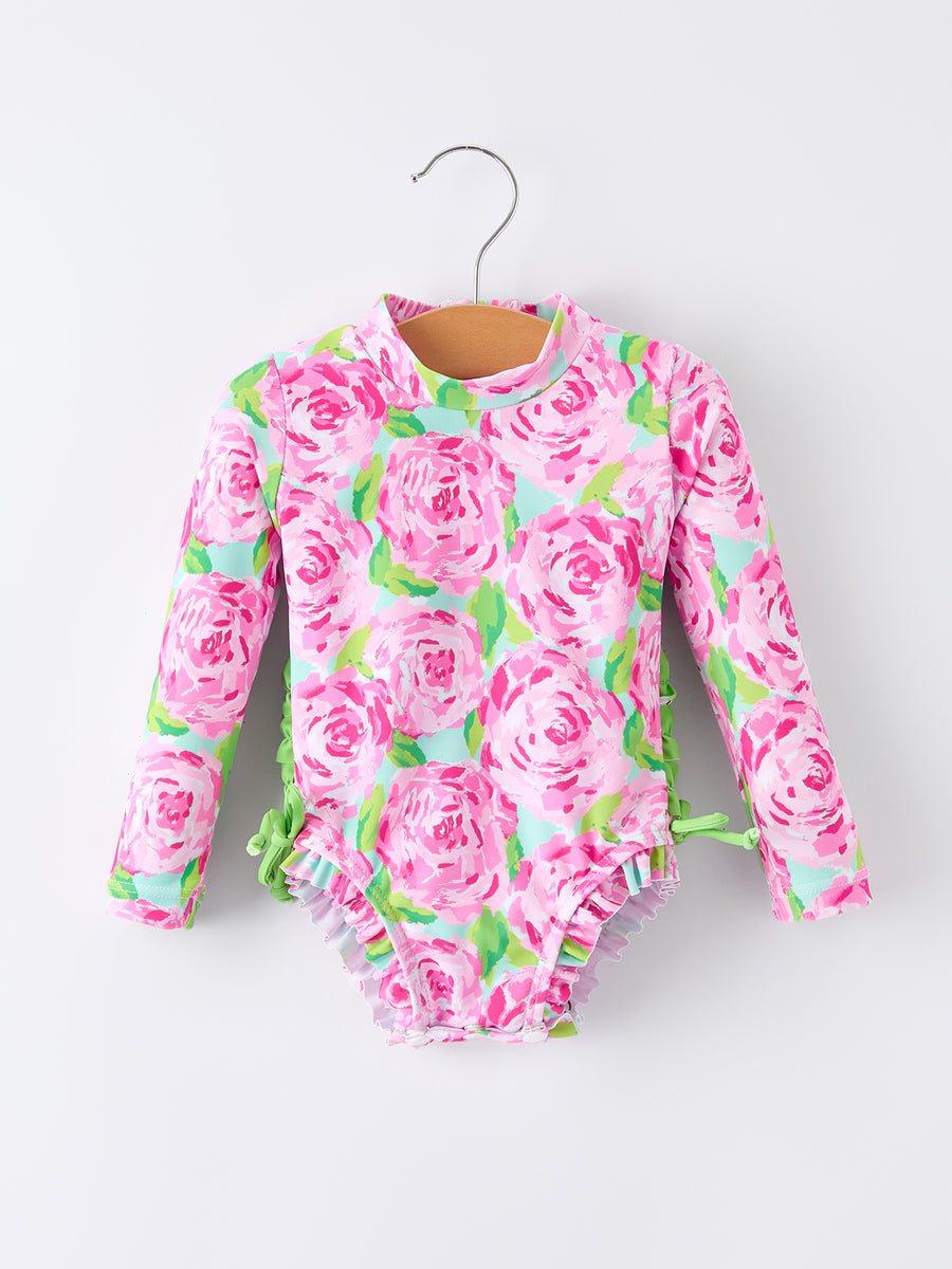 Summer Rose Floral Print Girl Long Sleeve Ruffle One Piece Swimsuit