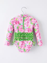 Summer Rose Floral Print Girl Long Sleeve Ruffle One Piece Swimsuit