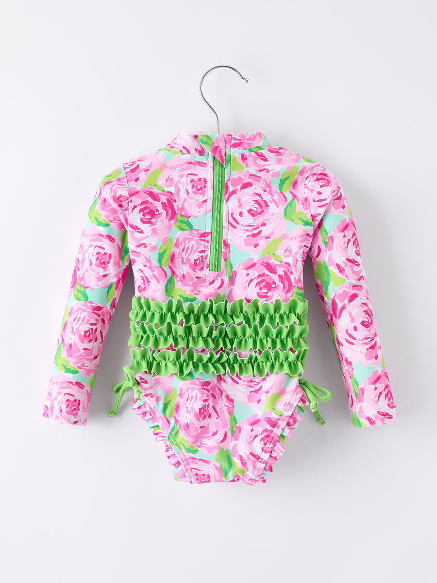 Summer Rose Floral Print Girl Long Sleeve Ruffle One Piece Swimsuit