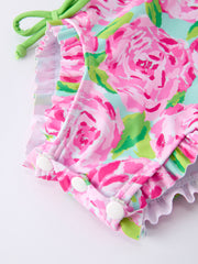 Summer Rose Floral Print Girl Long Sleeve Ruffle One Piece Swimsuit