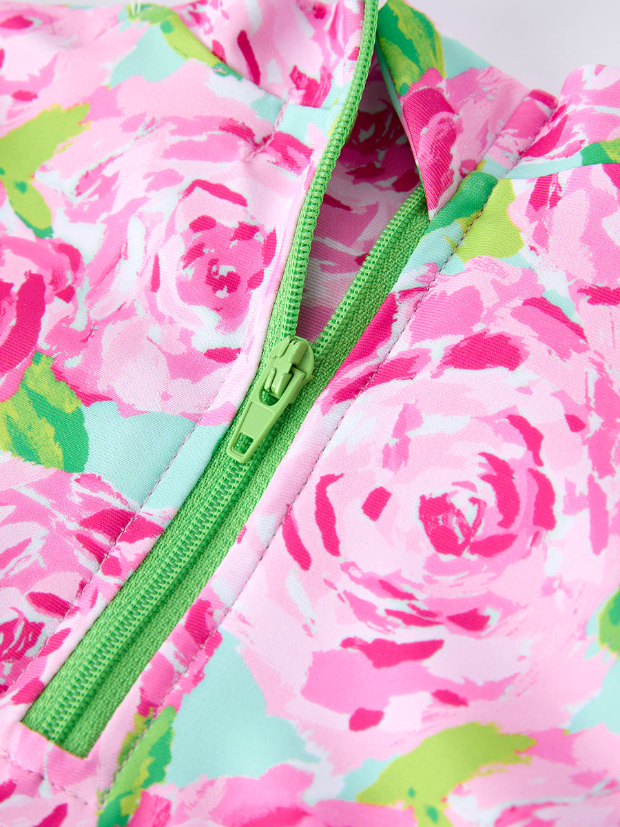 Summer Rose Floral Print Girl Long Sleeve Ruffle One Piece Swimsuit