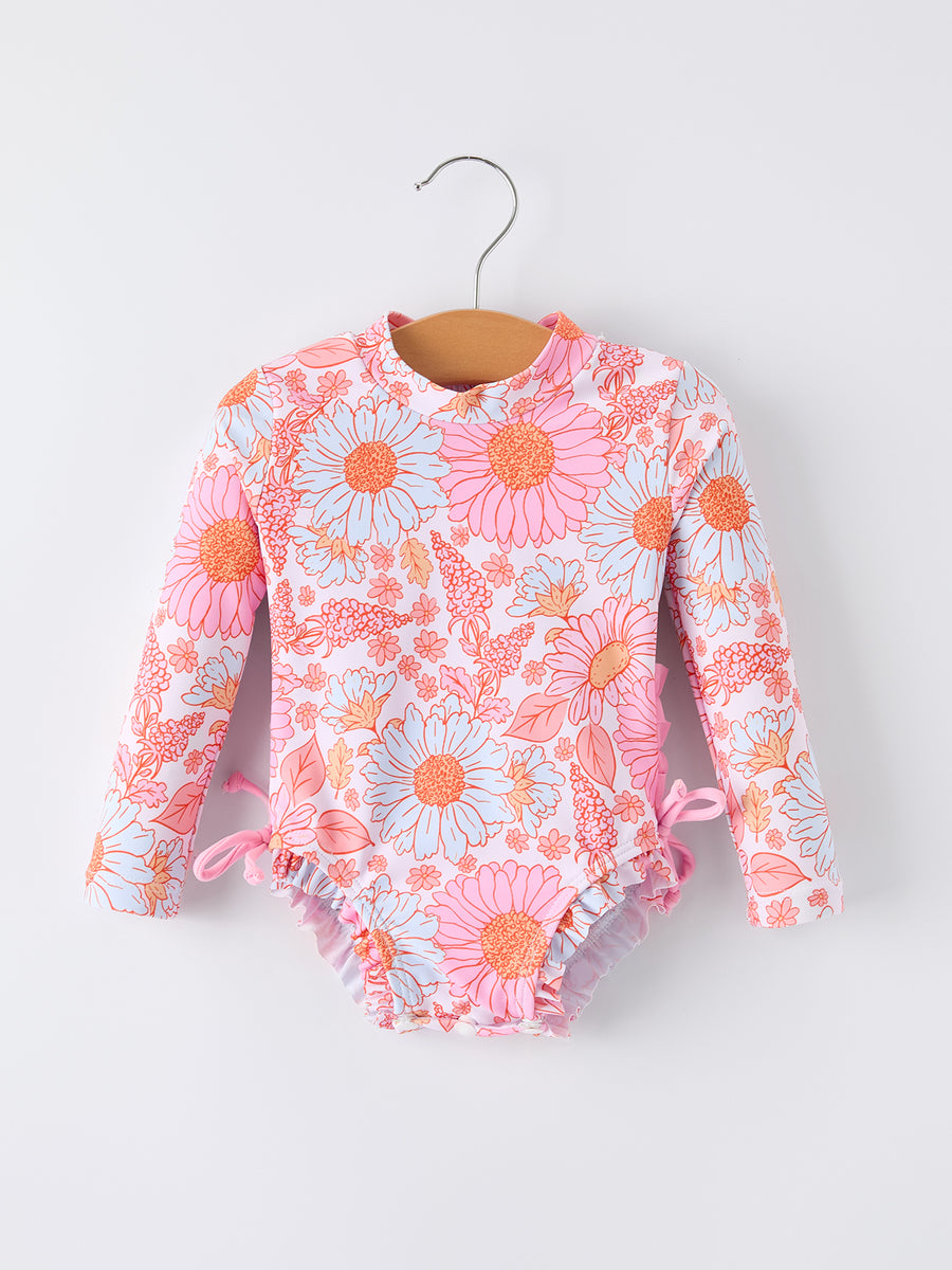Summer Daisy Floral Girl Long Sleeve Ruffle One Piece Swimsuit