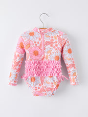 Summer Daisy Floral Girl Long Sleeve Ruffle One Piece Swimsuit