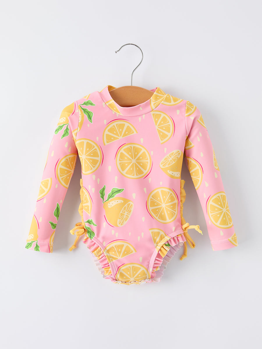 Summer Lemon Print Girl Long Sleeve Ruffle One Piece Swimsuit