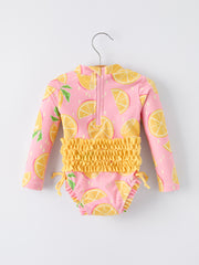 Summer Lemon Print Girl Long Sleeve Ruffle One Piece Swimsuit