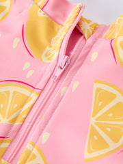 Summer Lemon Print Girl Long Sleeve Ruffle One Piece Swimsuit