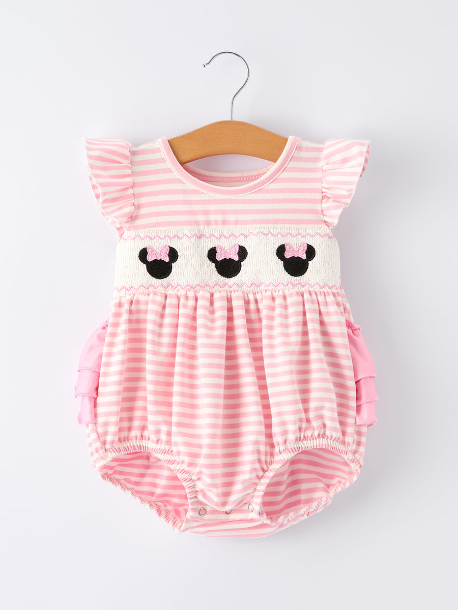 Stripe Girls Romper Bow Smocked Ruffle Sleeve
