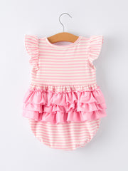 Stripe Girls Romper Bow Smocked Ruffle Sleeve