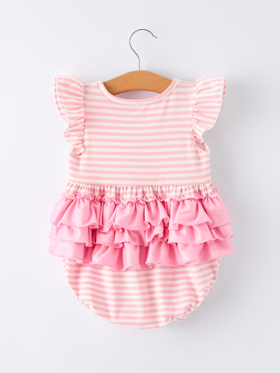 Stripe Girls Romper Bow Smocked Ruffle Sleeve