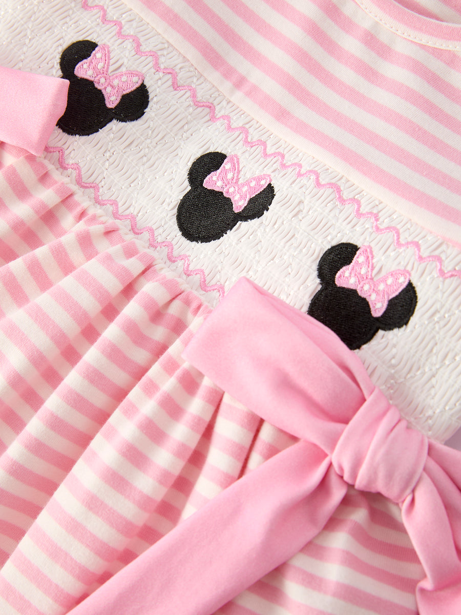 Stripe Girls Dress Bow Smocked Ruffle Sleeve