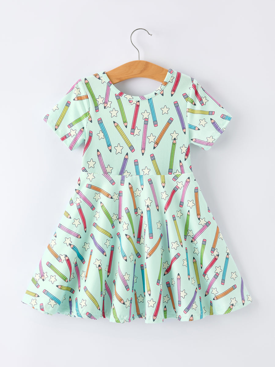 Back to School Pencil Print Girls Dress Short Sleeve