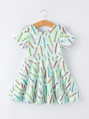 Back to School Pencil Print Girls Dress Short Sleeve