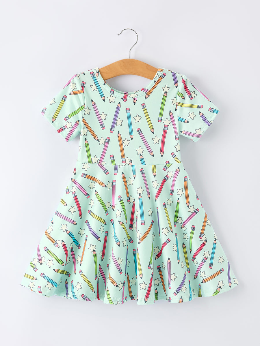 Back to School Pencil Print Girls Dress Short Sleeve