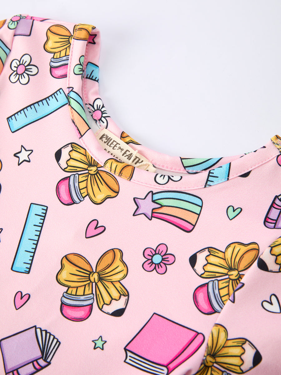Back to School Print Girls Dress Short Sleeve