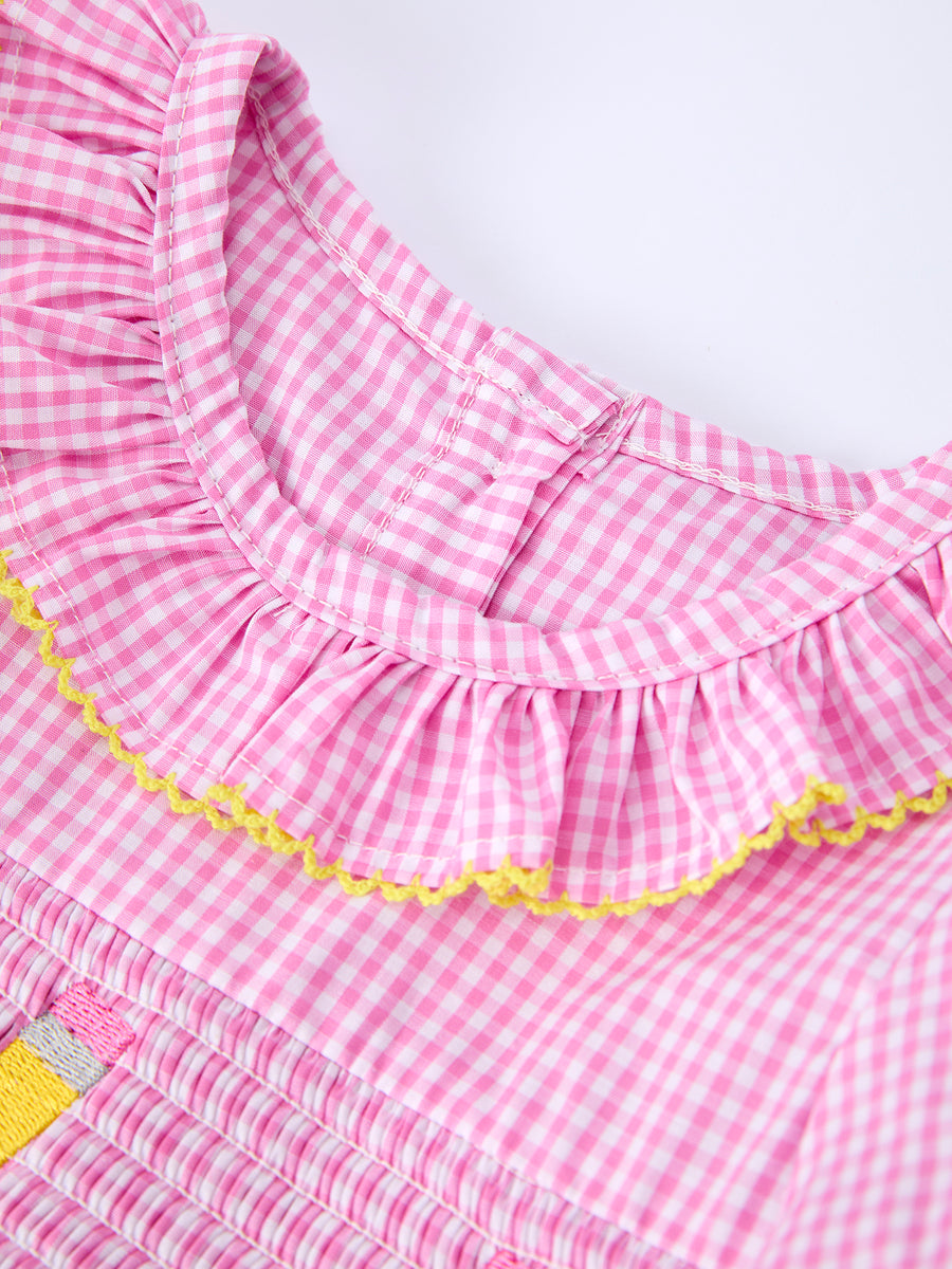 Back To School Plaid Girls Dress Smocked Puff Sleeve Bow