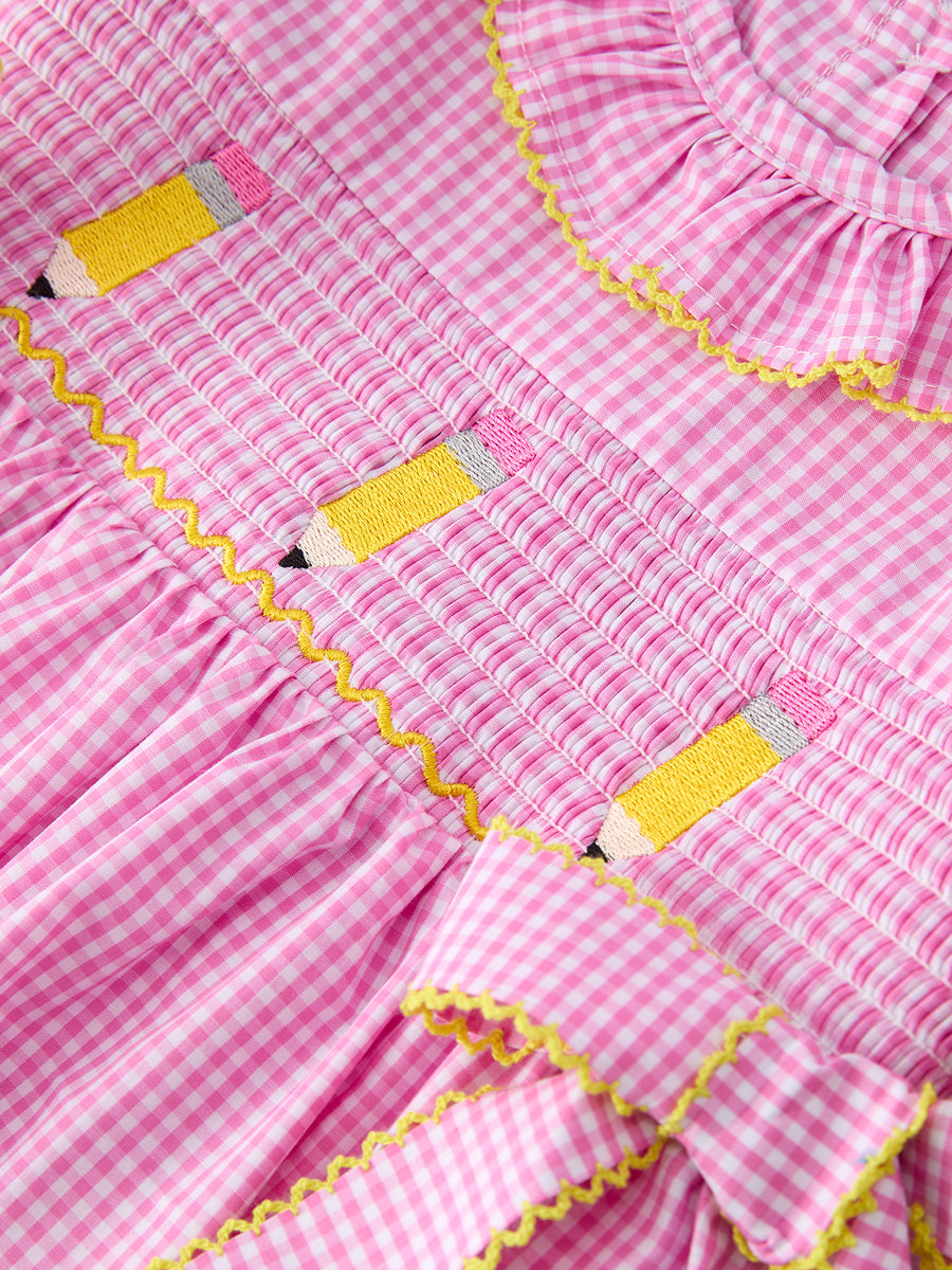 Back To School Plaid Girls Dress Smocked Puff Sleeve Bow