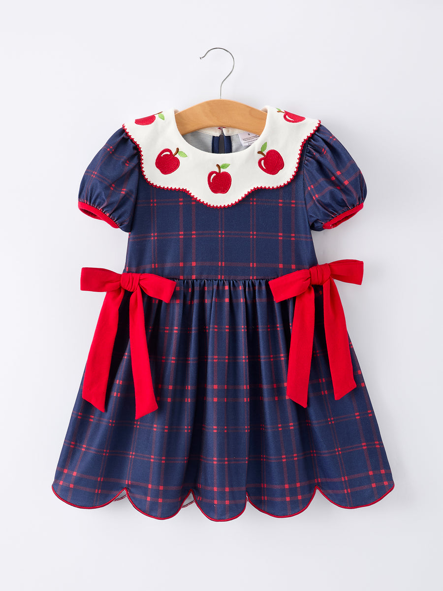 Back To School Apple Plaid Girls Dress Scallop Hem Bow