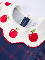 Back To School Apple Plaid Girls Dress Scallop Hem Bow
