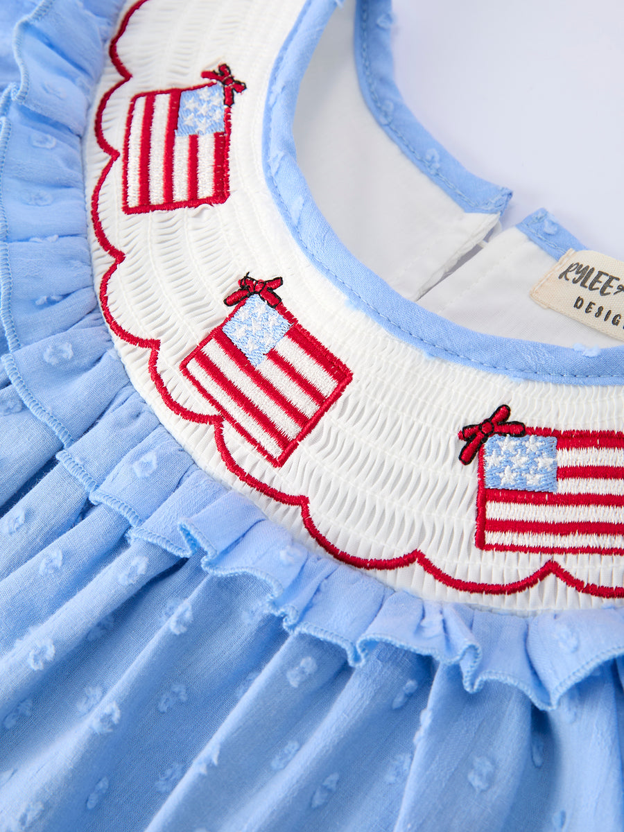 4th of July American Flag Girls Dress Ruffle Collar Scallop Hem