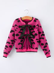 Fall Leopard Bow Girls Knit Cardigan