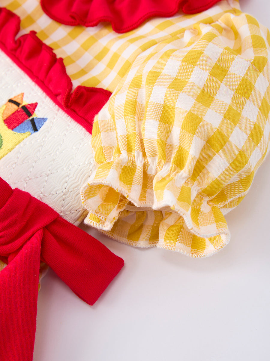 Back To School Supply Plaid Girls Dress Ruffle Collar Bow