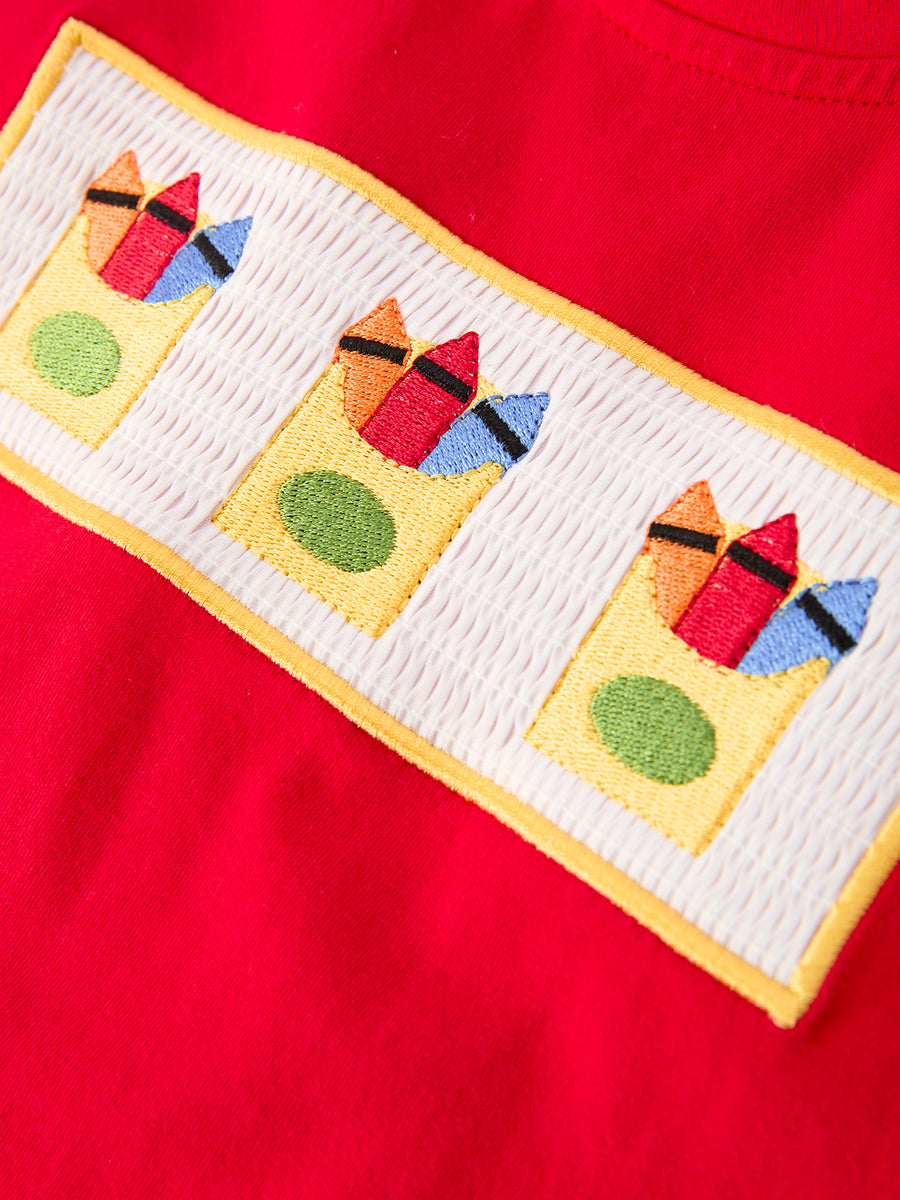 Back to School Crayon Smocked Boys Plaid Shorts Set