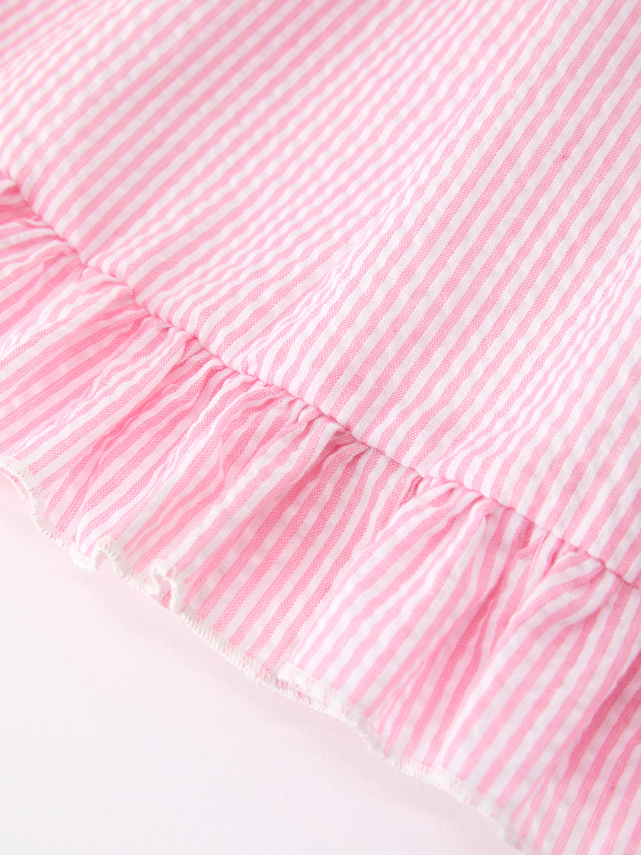 Girls Back To School Bow Twirl Dress Ruffle Applique Pink