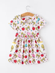 Girls Back To School Apple Bow Pocket Twirl Dress